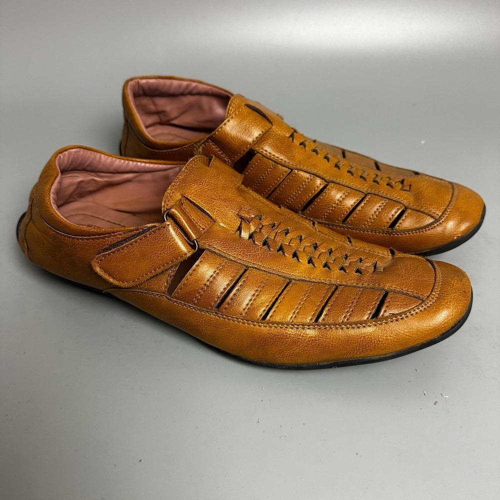 Bata Better Cushion Tan Leather Fisherman Loafers Mens Woven Caged Shoes 11